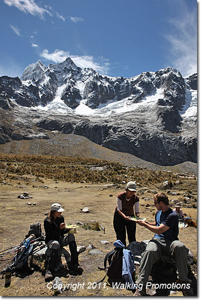 Eating lunch just over the pass - Santa Cruz Trek, Peru